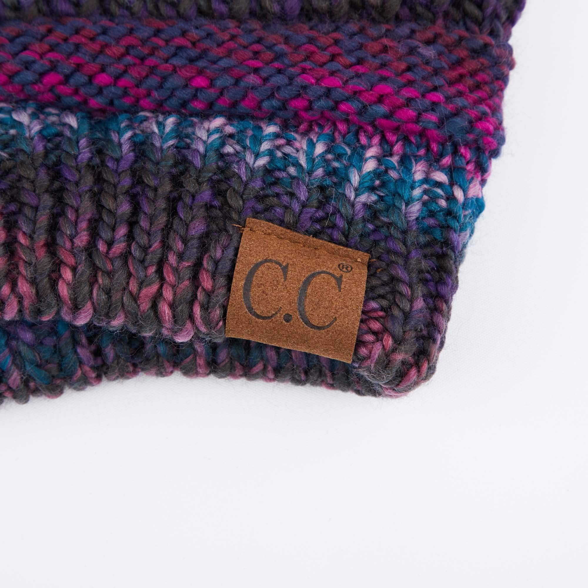 C.C Soft Stretch Cable Knit Messy Bun Ponytail Beanie Winter Hat (MB-705) (Purple Mix)