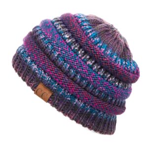 C.C Soft Stretch Cable Knit Messy Bun Ponytail Beanie Winter Hat (MB-705) (Purple Mix)