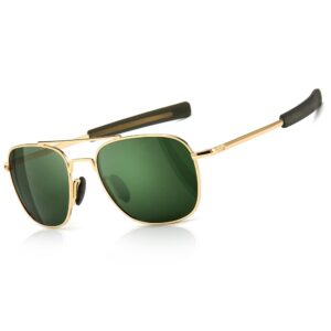 sungait men's military style polarized pilot aviator sunglasses - bayonet temples (gold frame/green lens, 55) a285jklv