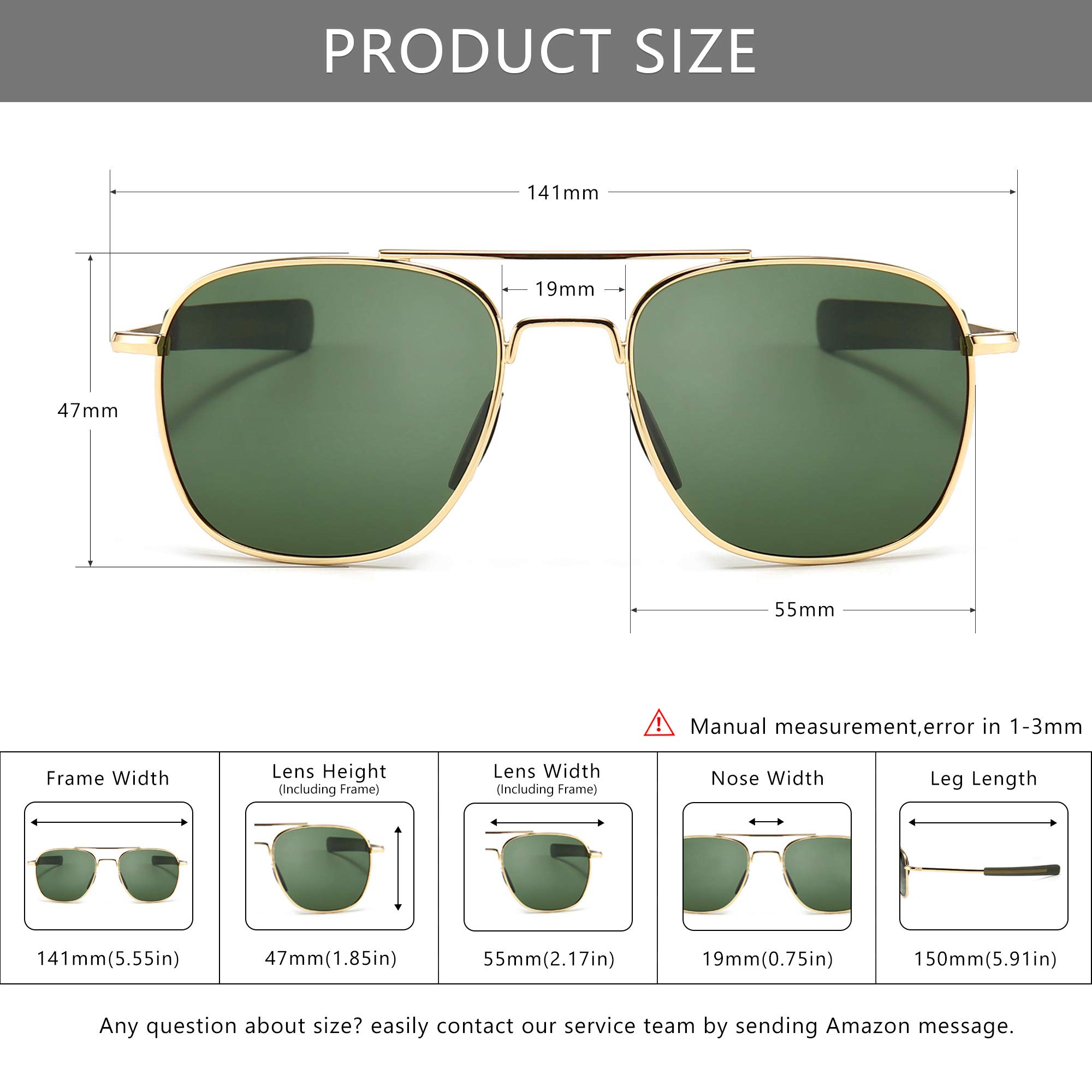 SUNGAIT Men's Military Style Polarized Pilot Aviator Sunglasses - Bayonet Temples (Gold Frame/Green Lens, 55) A285JKLV