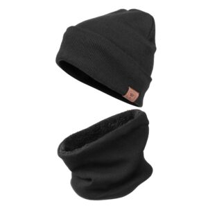 OZERO Winter Beanie Hat Scarf Set: Thick Fleece Lined Winter Cap Neck Warmer for Men Women Black