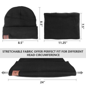 OZERO Winter Beanie Hat Scarf Set: Thick Fleece Lined Winter Cap Neck Warmer for Men Women Black