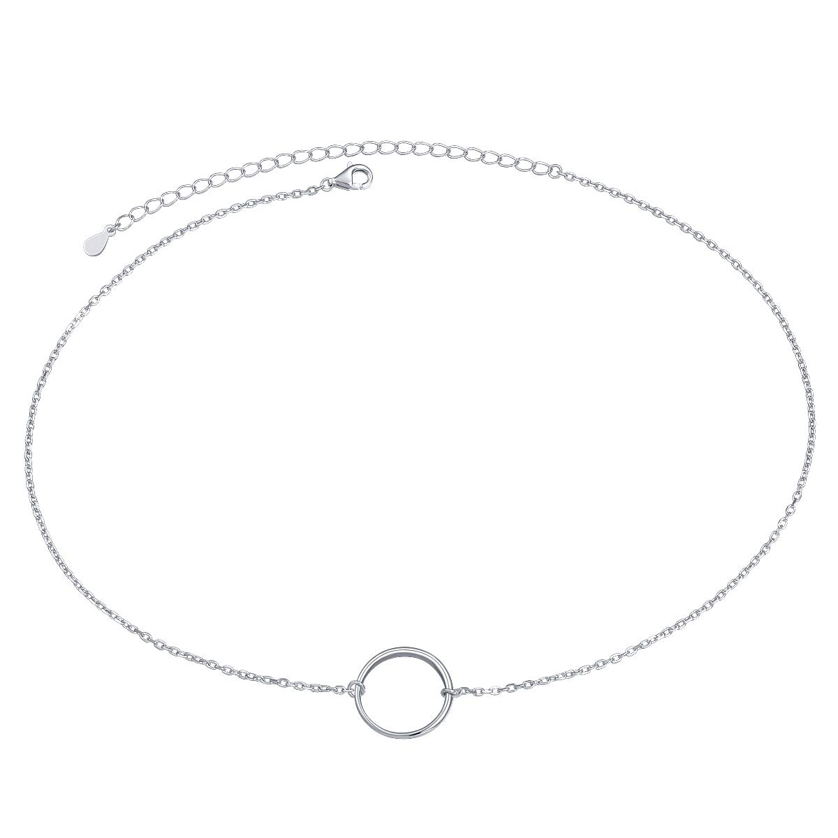 Ladytree S925 Sterling Silver Dainty Simple Circle Pendant Eternity Choker Necklace,Rolo Chain,13+3 inches