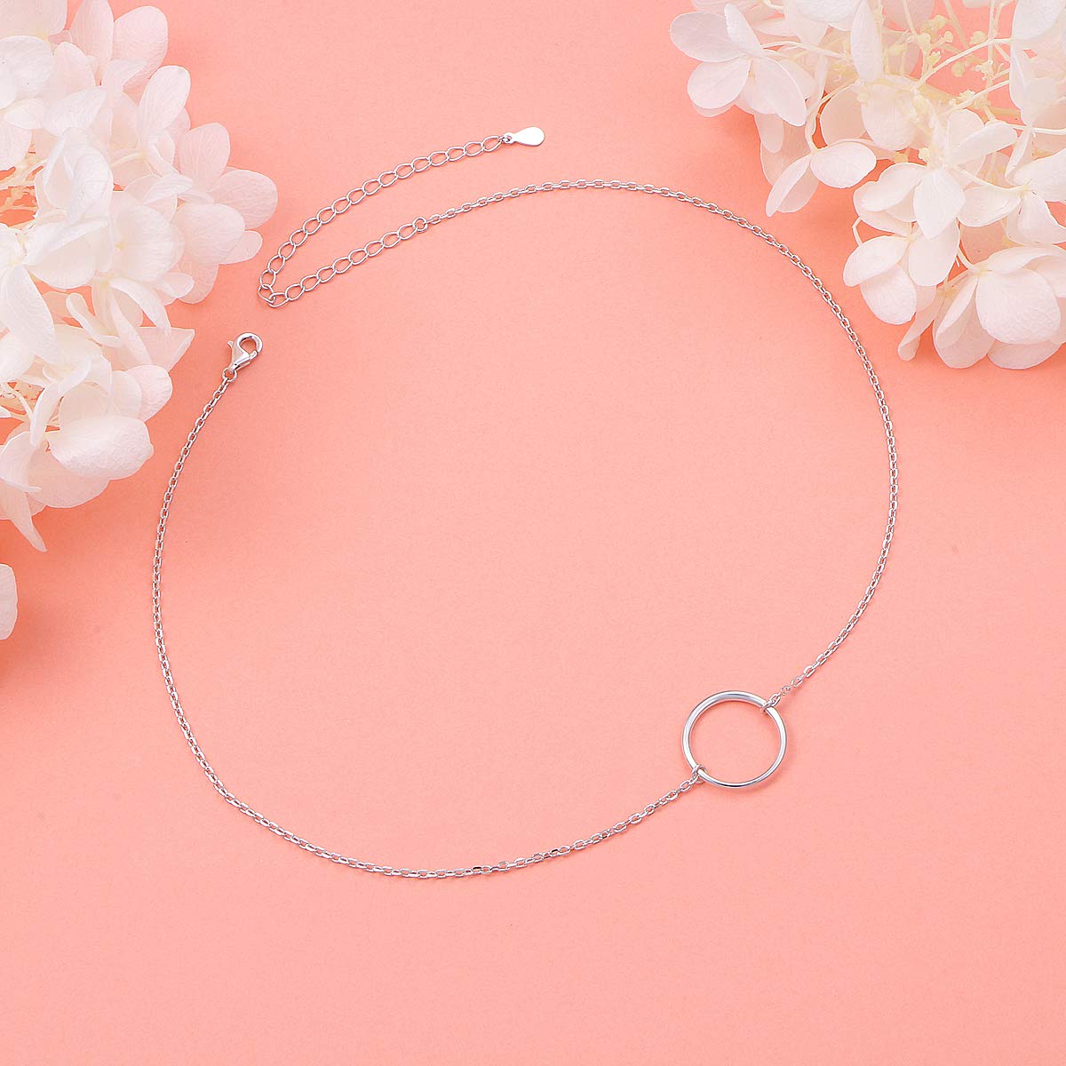 Ladytree S925 Sterling Silver Dainty Simple Circle Pendant Eternity Choker Necklace,Rolo Chain,13+3 inches