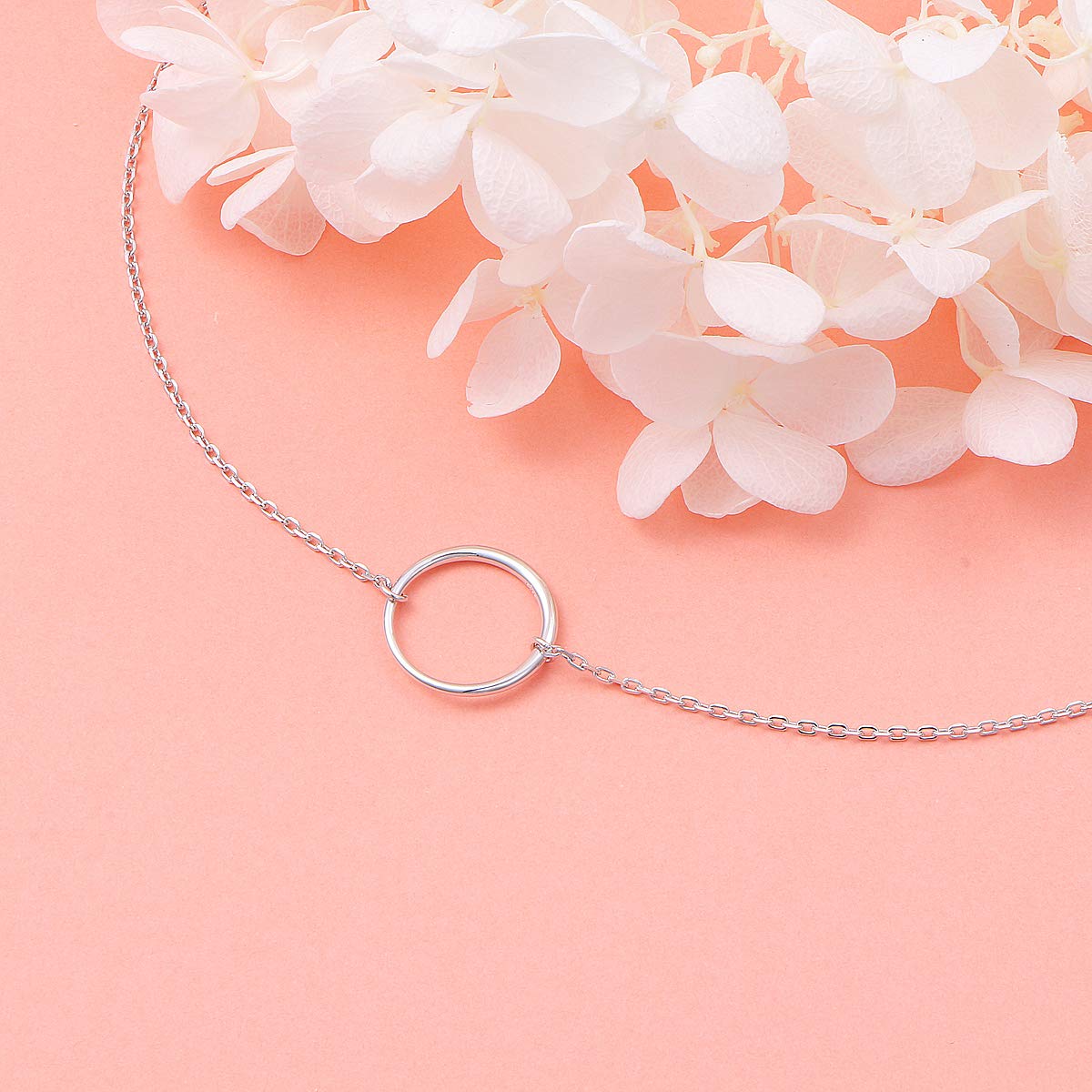 Ladytree S925 Sterling Silver Dainty Simple Circle Pendant Eternity Choker Necklace,Rolo Chain,13+3 inches