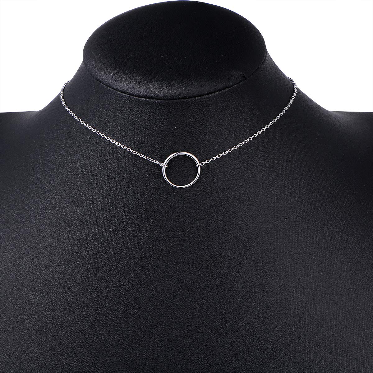 Ladytree S925 Sterling Silver Dainty Simple Circle Pendant Eternity Choker Necklace,Rolo Chain,13+3 inches