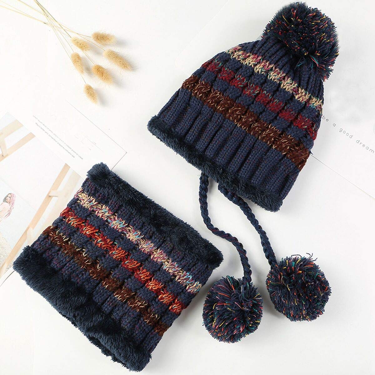 HUAMULAN Women Winter Beanie Hat Circle Scarf Set Pompoms Peruvian Ski Snow Ear Flaps Sherpa Knit Hats Fleece Lined Slouchy