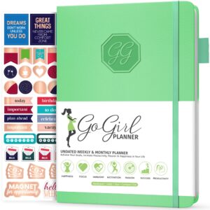 gogirl planner and organizer for women – compact size weekly planner, goals journal & agenda to improve time management, productivity & live happier. undated – start anytime, lasts 1 year – mint green