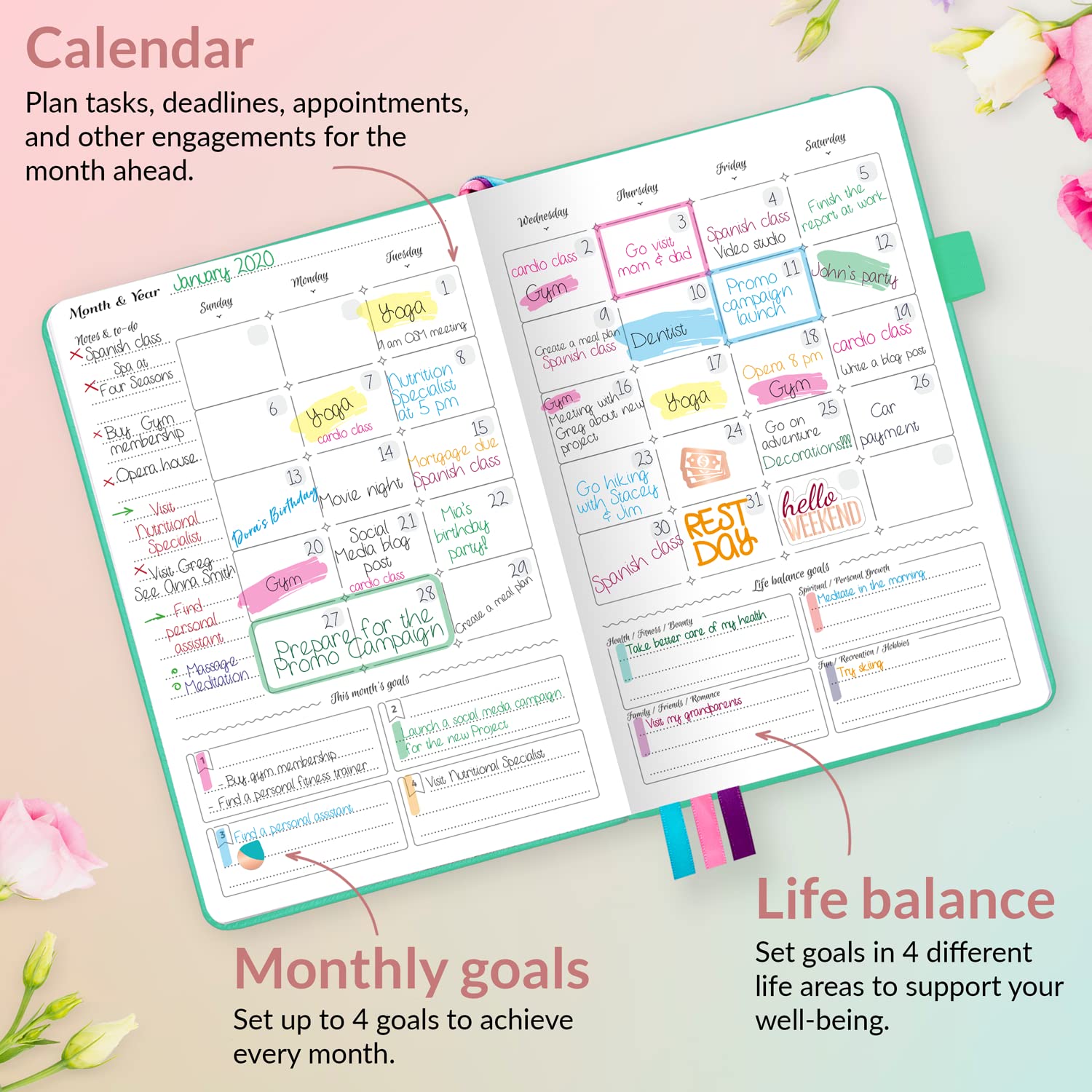 GoGirl Planner and Organizer for Women – Compact Size Weekly Planner, Goals Journal & Agenda to Improve Time Management, Productivity & Live Happier. Undated – Start Anytime, Lasts 1 Year – Mint Green