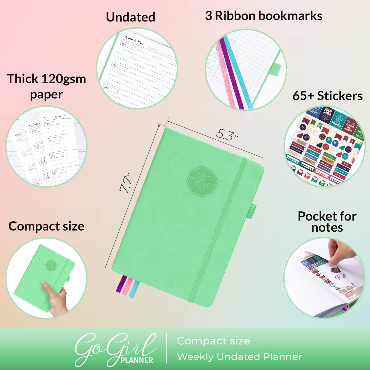 GoGirl Planner and Organizer for Women – Compact Size Weekly Planner, Goals Journal & Agenda to Improve Time Management, Productivity & Live Happier. Undated – Start Anytime, Lasts 1 Year – Mint Green