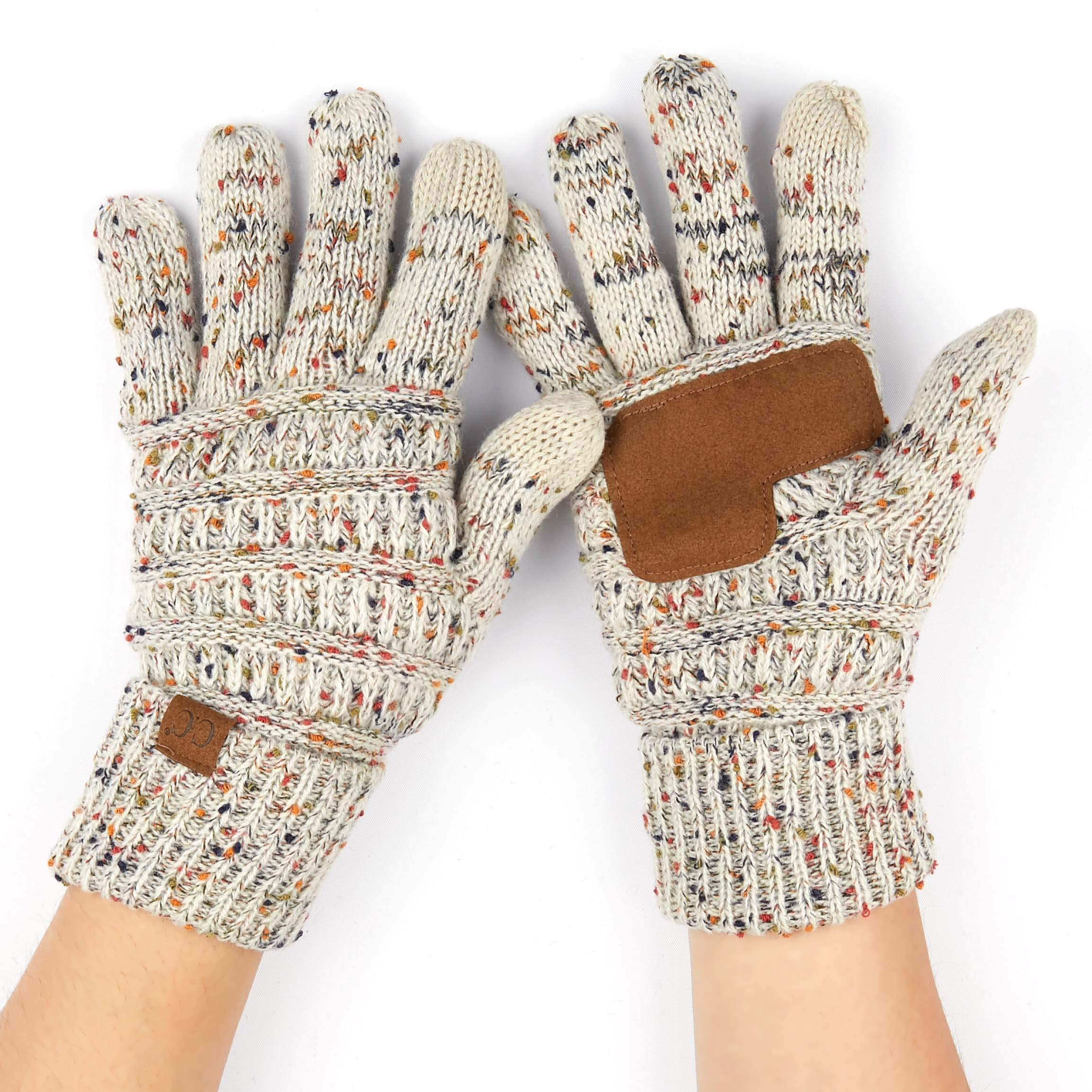 C.C Hatsandscarf Exclusives Women Solid Ribbed Glove with Smart Tips (G-20) (Oatmeal-Confetti)