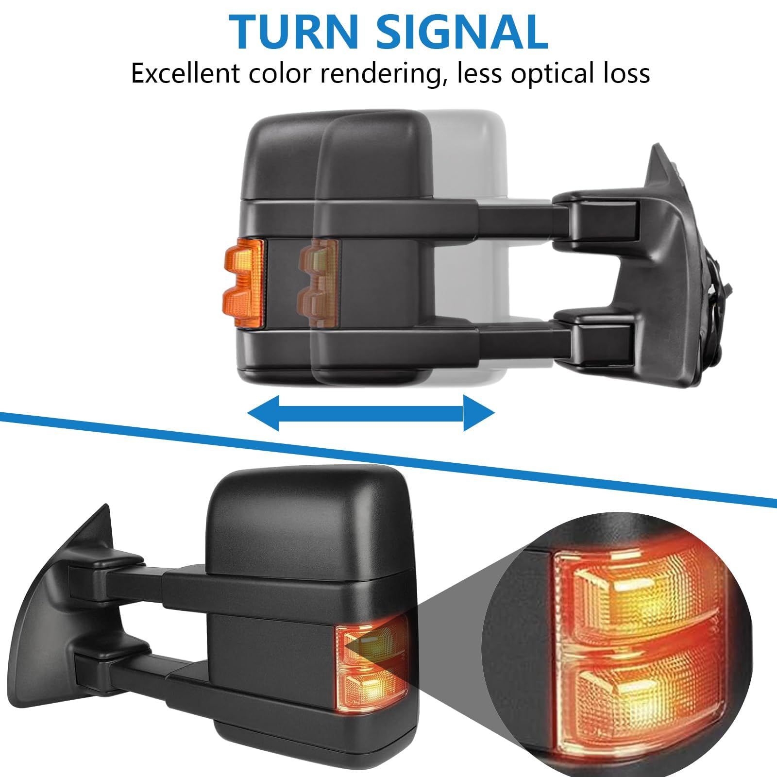 Towing Mirrors Left & Right Pair Set For 99-07 F-250 F-350 F-450 F-550 SUPER DUTY, 01-05 Excursion, POWER HEATED, W/AMBER SIGNAL Light, BLACK Mirror LH RH Driver Passenger Door Replacement