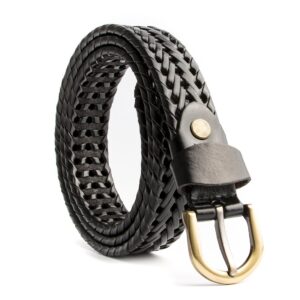 ECHAIN Women Braided Woven Genuine Leather Narrow Belt 25mm Wide (Black, waist:23-28)