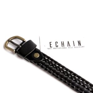 ECHAIN Women Braided Woven Genuine Leather Narrow Belt 25mm Wide (Black, waist:23-28)