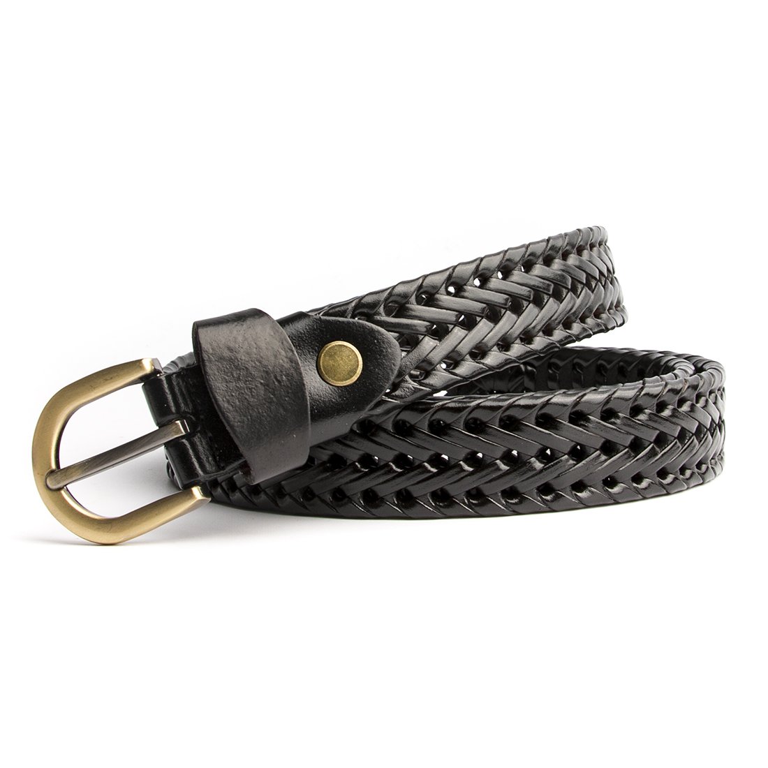 ECHAIN Women Braided Woven Genuine Leather Narrow Belt 25mm Wide (Black, waist:23-28)