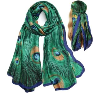 NaSoPerfect Silk Feeling Scarf Large Headscarf Fashion Peacock Pattern Hair Wraps Soft Neck Scarves for Women 70" x 35"