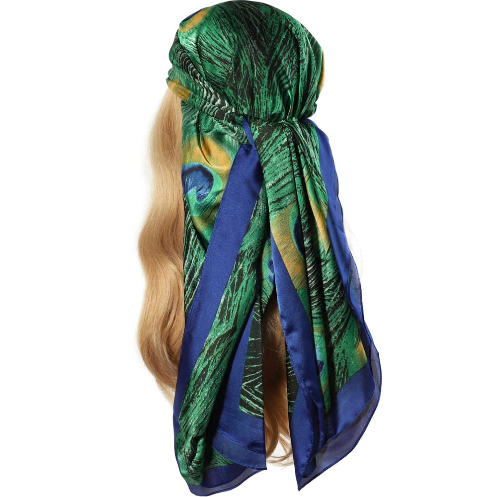 NaSoPerfect Silk Feeling Scarf Large Headscarf Fashion Peacock Pattern Hair Wraps Soft Neck Scarves for Women 70" x 35"