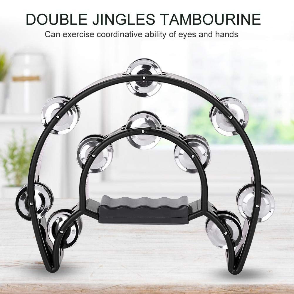 Half Moon Tambourine,Hand Tambourine Double Row Jingle Handbell Tambourine Percussion Musical Instrument 6 Colors(Black) half moon instrument adult size half moon tambourine