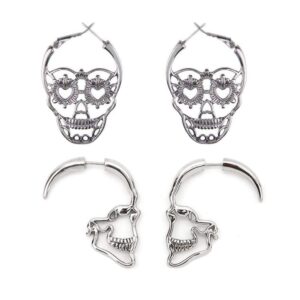 fy 2pair hollow skull face earring halloween women hoop stud earrings