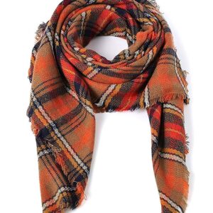 Trendy Women's Cozy Warm Winter Fall Blanket Scarf Stylish Soft Chunky Checked Giant Scarves Shawl Cape Orange