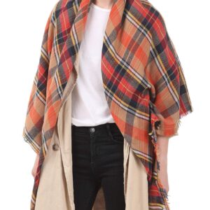 Trendy Women's Cozy Warm Winter Fall Blanket Scarf Stylish Soft Chunky Checked Giant Scarves Shawl Cape Orange