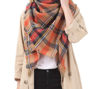 Trendy Women's Cozy Warm Winter Fall Blanket Scarf Stylish Soft Chunky Checked Giant Scarves Shawl Cape Orange