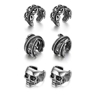 oidea 3pairs stainless steel handmade non-piercing earring cuffs,clip on cartilage piercing earrings,skull, feather charm for halloween cosplay