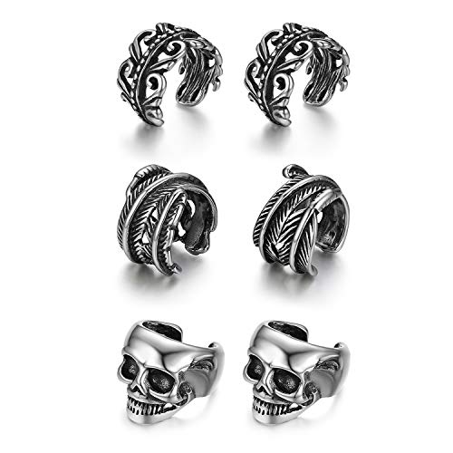 OIDEA 3pairs Stainless Steel Handmade Non-Piercing Earring Cuffs,Clip on Cartilage Piercing Earrings,Skull, Feather Charm for Halloween Cosplay