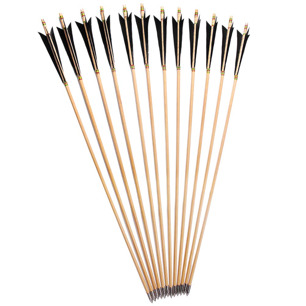 PG1ARCHERY Archery Wooden English Longbow Arrows Practice Targeting Arrow 5.8" Turkey Feathers Fletching with Bullet Points for Recurve & Traditional Bow Black, 12 Pack