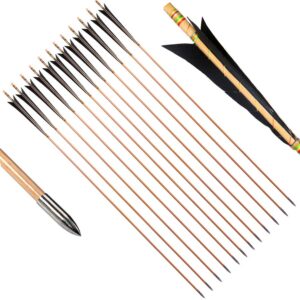 PG1ARCHERY Archery Wooden English Longbow Arrows Practice Targeting Arrow 5.8" Turkey Feathers Fletching with Bullet Points for Recurve & Traditional Bow Black, 12 Pack