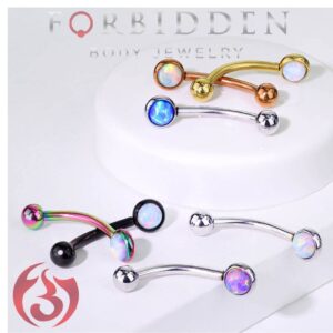 Forbidden Body Jewelry 16g Surgical Steel Synthetic Opal Flat Back Curved Barbell (8mm Rainbow/White)