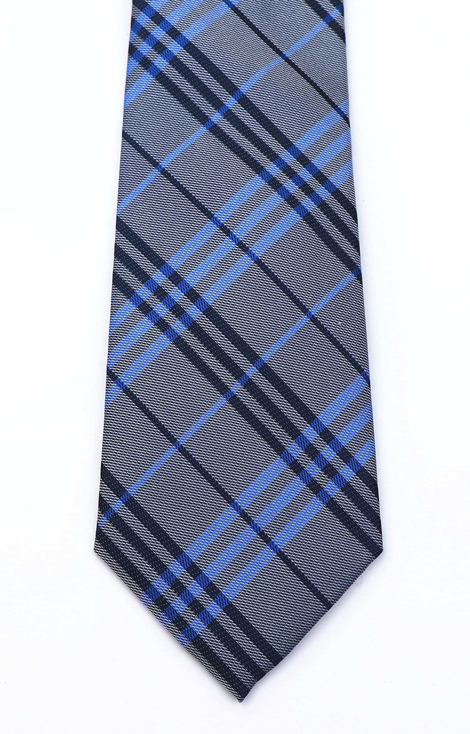 Kihatwin Men's Blue Grey Ties Trendy Tartan Plaid Narrow-width Wedding Necktie for Grooms