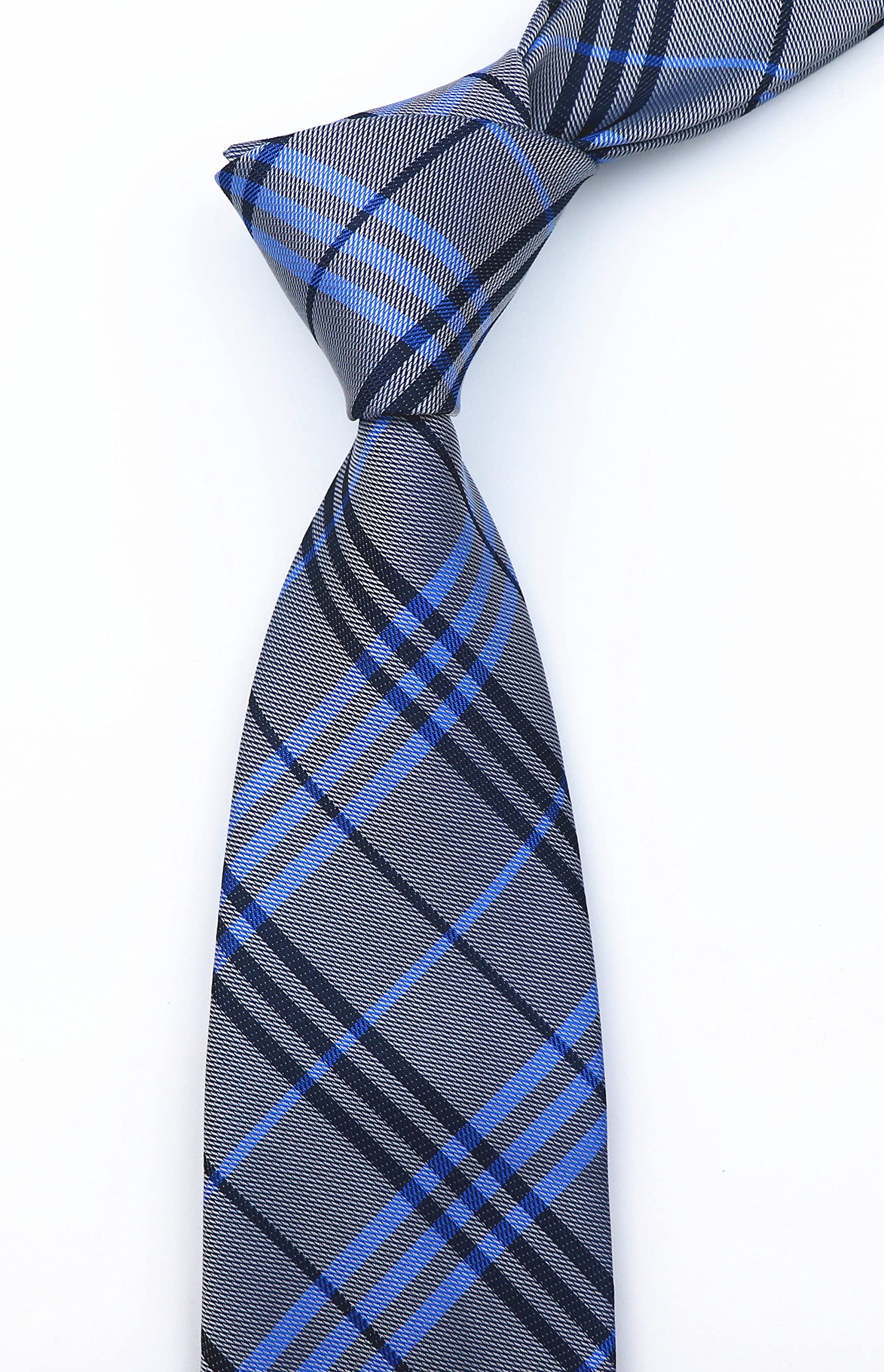 Kihatwin Men's Blue Grey Ties Trendy Tartan Plaid Narrow-width Wedding Necktie for Grooms