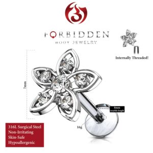 Forbidden Body Jewelry 16G Surgical Steel Stud Earrings Helix Tragus Cartilage Earrings CZ Flower Top- 8mm/Clear