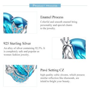 FOREVER QUEEN Mermaid Charms fit Charms Bracelet 925 Sterling Silver Charms Bead CZ Heart Shape Blue Enamel Bead Ocean Sea Charm for Snake Bracelets Necklace Women Girls Gift