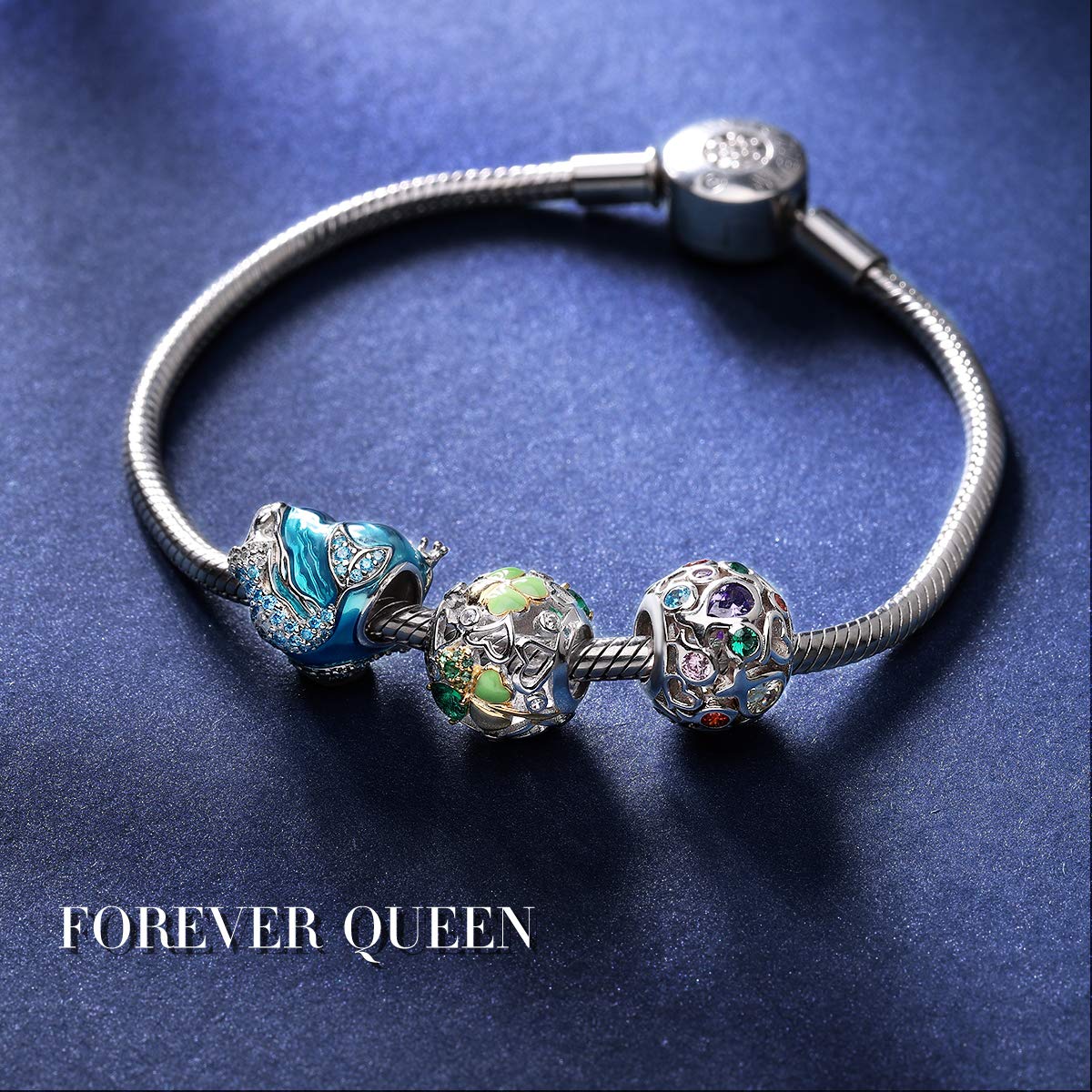 FOREVER QUEEN Mermaid Charms fit Charms Bracelet 925 Sterling Silver Charms Bead CZ Heart Shape Blue Enamel Bead Ocean Sea Charm for Snake Bracelets Necklace Women Girls Gift