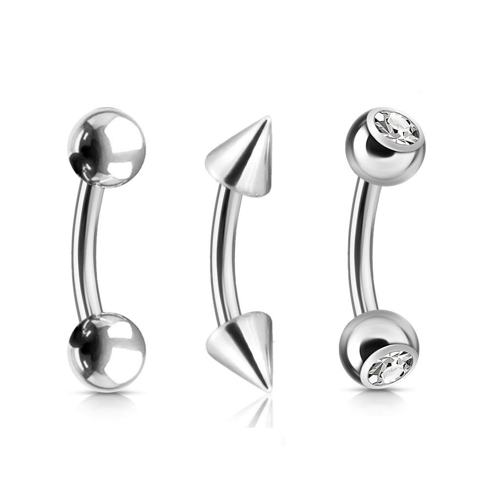 Forbidden Body Jewelry Value Pack 3pc Surgical Steel Ball/Spike/Crystal Curved Barbells (16g 6mm)