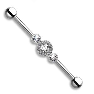 forbidden body jewelry 14g 1.5 inch (38mm) surgical steel super glam triple cz industrial (silver/clear)