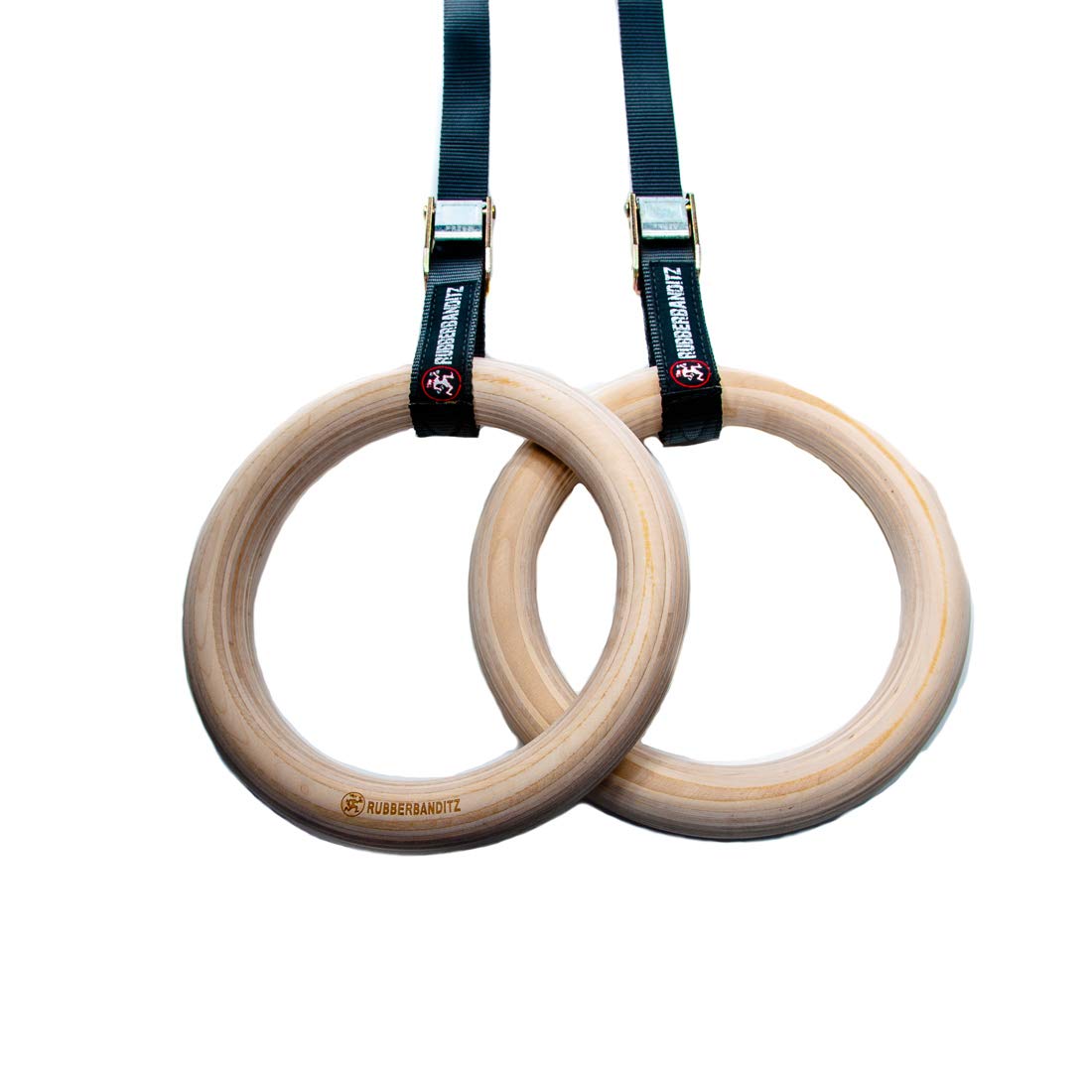 Rubberbanditz- Wooden Gymnastic Rings W/ 16ft Adjustable Straps Gymnastic Rings | Exercise Olympic Rings | Perfect for Workout, Strength Training, Pull-Ups and Dips