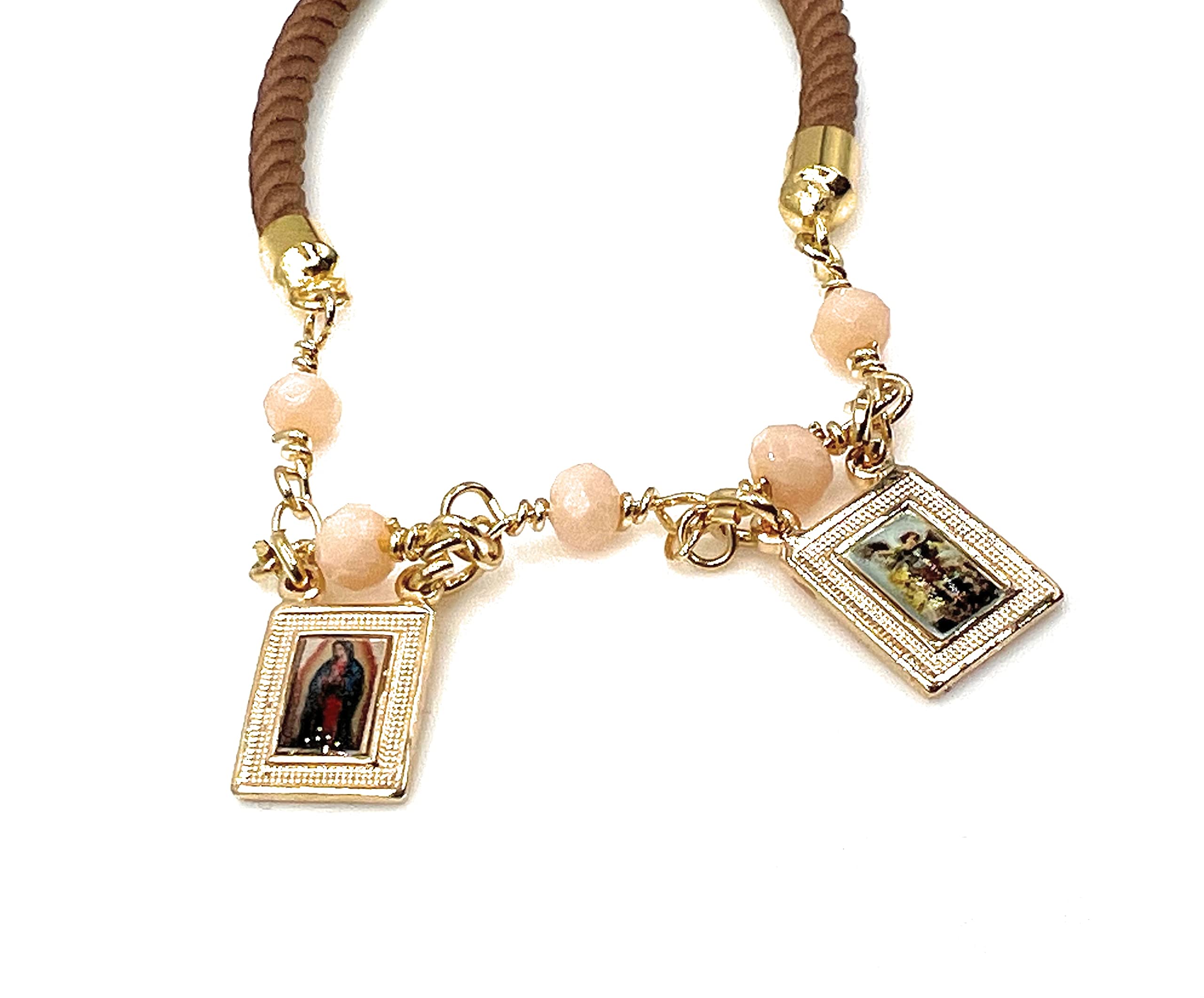 LESLIE BOULES Catholic Scapular Bracelet Crystal Beads & Brown Satin Cord