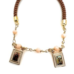 LESLIE BOULES Catholic Scapular Bracelet Crystal Beads & Brown Satin Cord