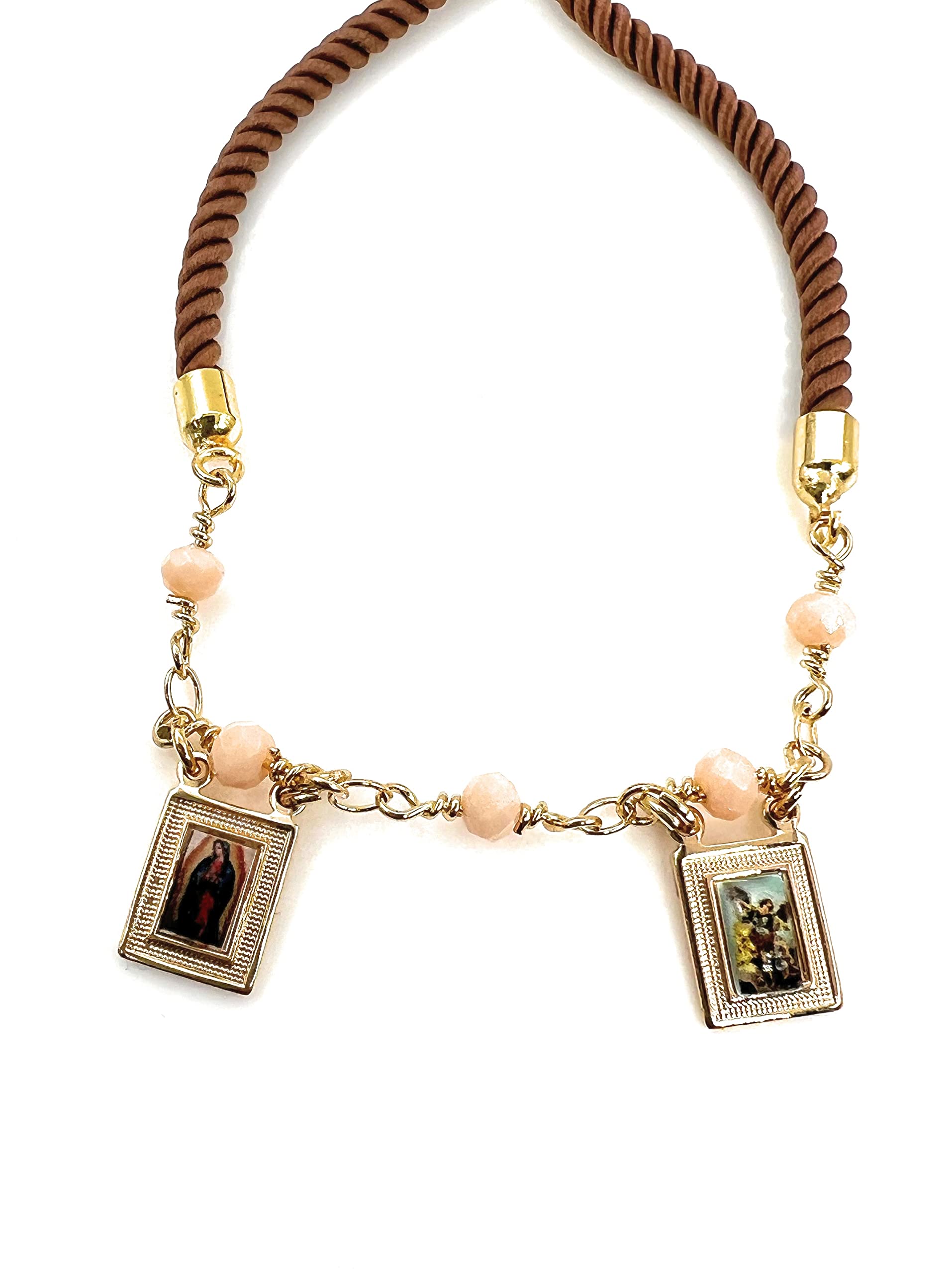 LESLIE BOULES Catholic Scapular Bracelet Crystal Beads & Brown Satin Cord