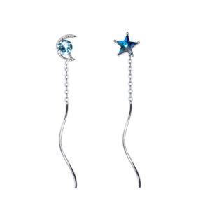 SLUYNZ 925 Sterling Silver Blue Crystal Star Moon Dangle Earrings Chain for Women Star Dangling Earrings Threader Tassel (A-Silver)