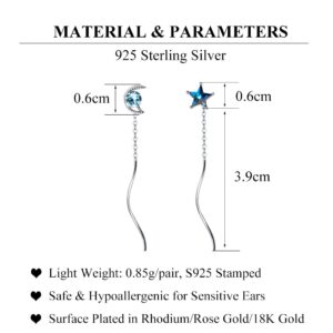 SLUYNZ 925 Sterling Silver Blue Crystal Star Moon Dangle Earrings Chain for Women Star Dangling Earrings Threader Tassel (A-Silver)