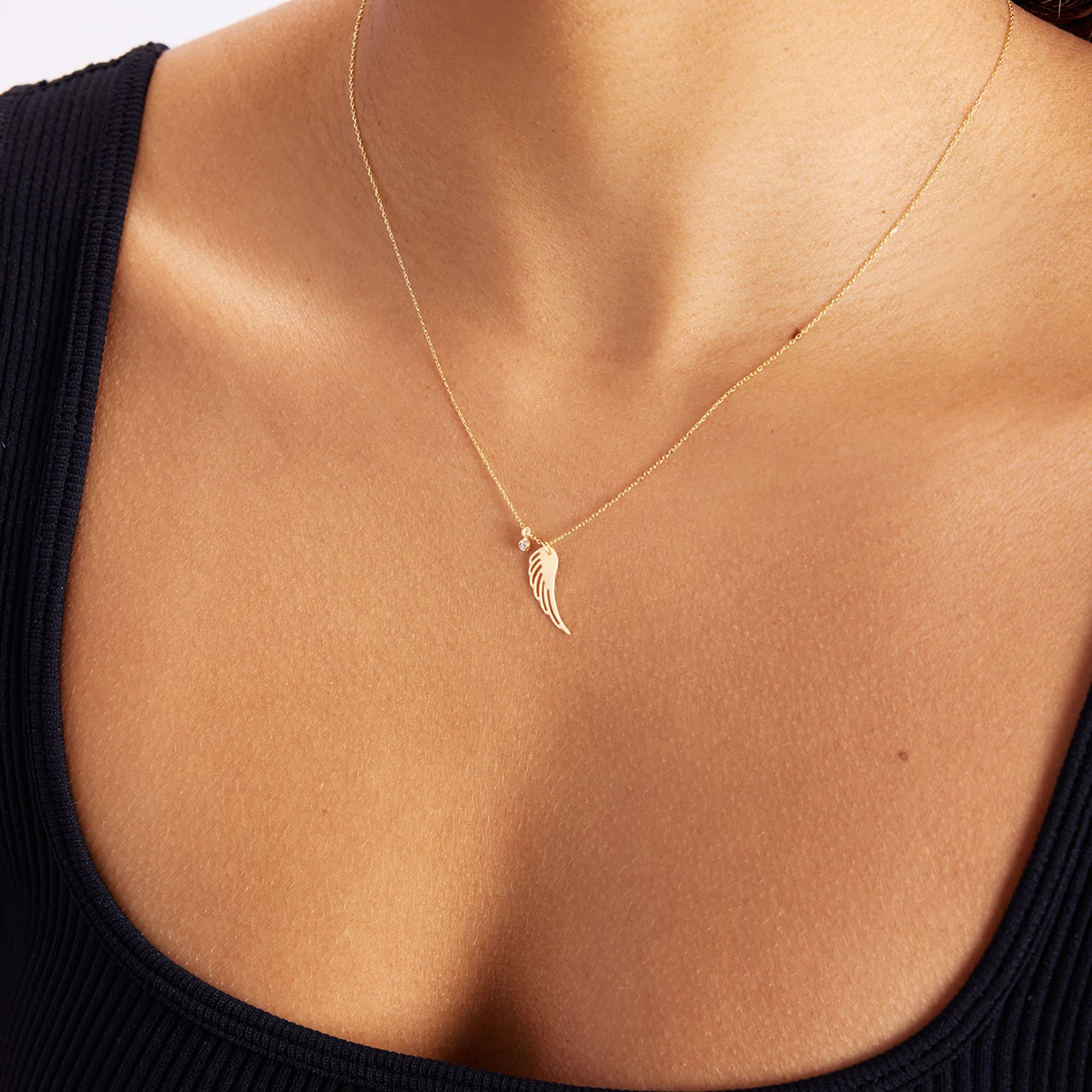 Diamond Angel Wing Necklace | 14k Yellow Gold Guardian Angel Necklace for Women | 14k Solid Gold Wings Pendant Necklace | Dainty Christian Jewelry | Gifts for All Occasion, 18"