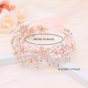 Oriamour Wedding Headband Bridal Headpiece Flower Design With Genuine Freshwater Pearls And Ribbons Hair Accessories For Bride (Rose Gold)