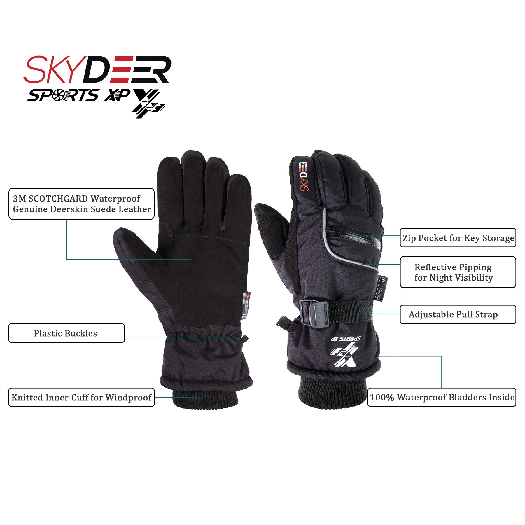 SKYDEER Waterproof Deerskin Suede Leather Ski Gloves for Snowboarding, Skiing, Ice Fishing, Snowmobile, Ice Skating, Hiking, Kayaking (SD8650T/M)