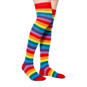 Chalier Womens Rainbow Socks Striped Knee High Socks Arm Warmer Fingerless Gloves Set (Red)