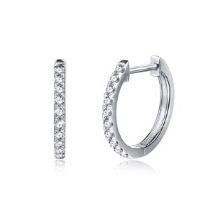 Carleen 14K Solid White Gold 0.2cttw Diamond Hoop Earrings Round Cut Small Tiny Cute Huggie Hinged Cartilage Hoop Earrings Fine Jewelry For Women, Diameter 3/5 inch (Color I-J,Clarity SI)