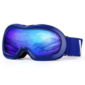 VELAZZIO Kids Ski Goggles, Snowboard Goggles OTG Snow Goggles Anti-Fog Double-Layer Lenses, 100% UV Protection (Blue Frame/Blue Lens with REVO Blue Coating (VLT 52%))